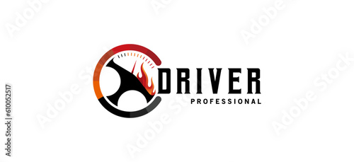 Car driver logo design with modern abstract rpm speed and fire