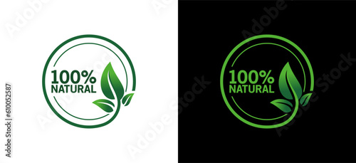 100% Natural vector logo or badge template for product with pure green leaf circle
