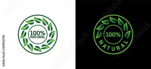 100% Natural vector logo or badge template for products with modern pure green leaf