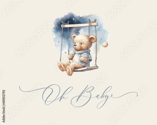 Oh baby. Cute baby shower watercolor invitation card card with teddy bear for baby and kids new born celebration.