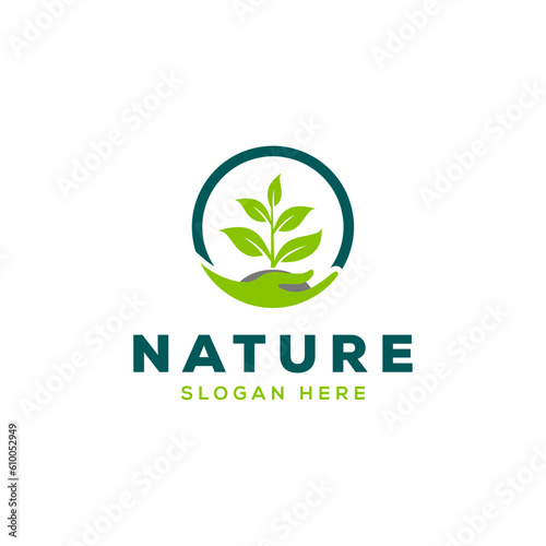 Human hands and tree with green leaves logo. Plant logo design