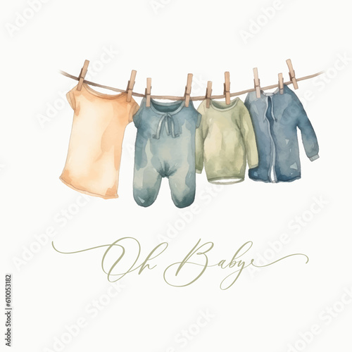 Oh baby. Cute baby shower watercolor invitation card card with newborn dress for baby and kids new born celebration.