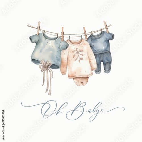 Oh baby. Cute baby shower watercolor invitation card card with newborn dress for baby and kids new born celebration.