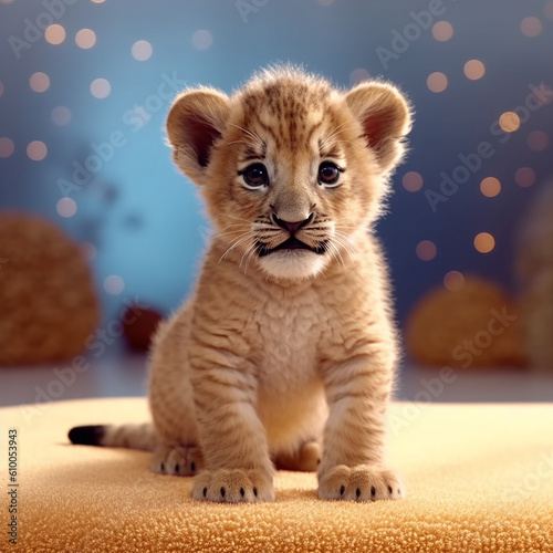 Adorable baby lion cub with fluffy fur, innocent eyes, and a playful expression. Created with Generative AI Technology.