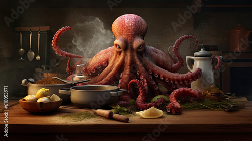 octopus surrounded variety of ingredients created with Generative AI technology