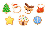 Sugar cookie Christmas vector illustration set. Gingerbread cookies cute design. Biscuit shape ginger bread house, santa face, deer head, snowflake, star, Christmas tree, gift sock. Cute winter print.