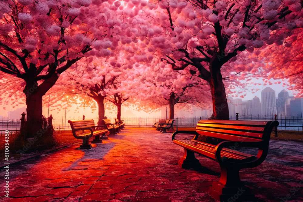Benches in the park covered with cherry blossom petals