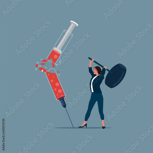 Woman with sledgehammers strongly to break a syringe. International Day against Drug Abuse and Illicit Trafficking. Observed on 26th JUNE. Healthy lifestyle. Vector Illustration. 