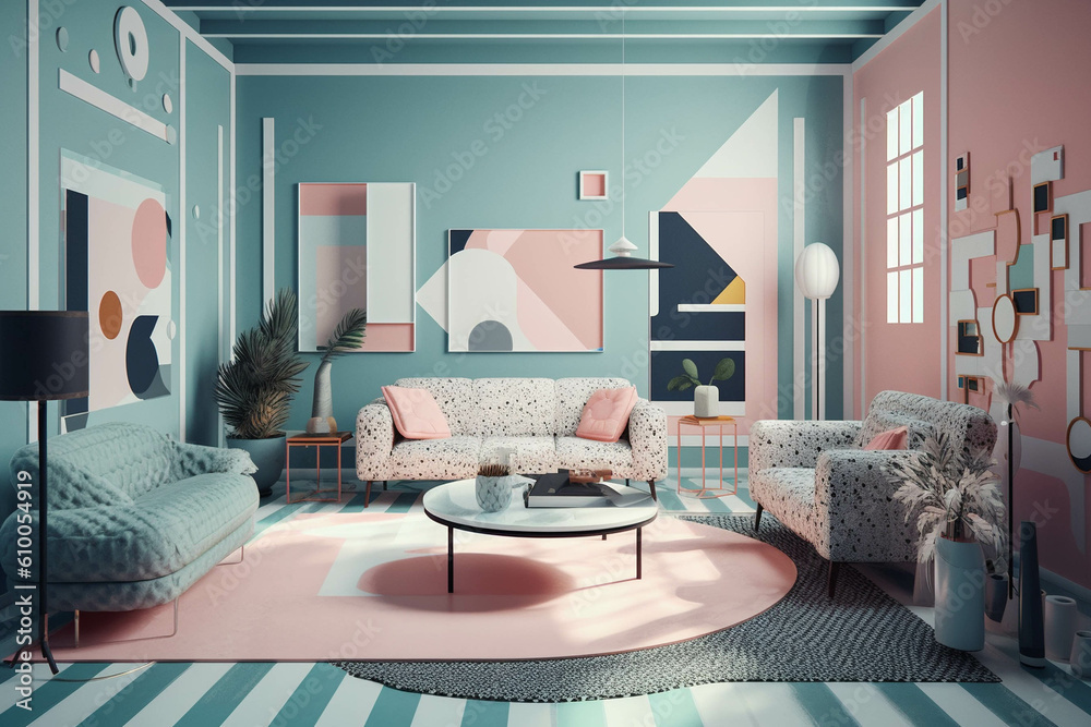 Minimalist Living room. Aesthetic pastel color palette. Centered ...