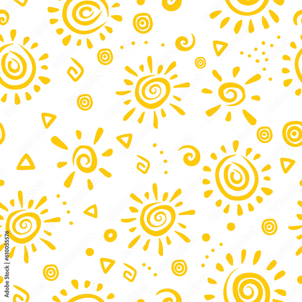 Bright seamless pattern with stylized suns on a white background. Bright seamless pattern with stylized suns on a white background.