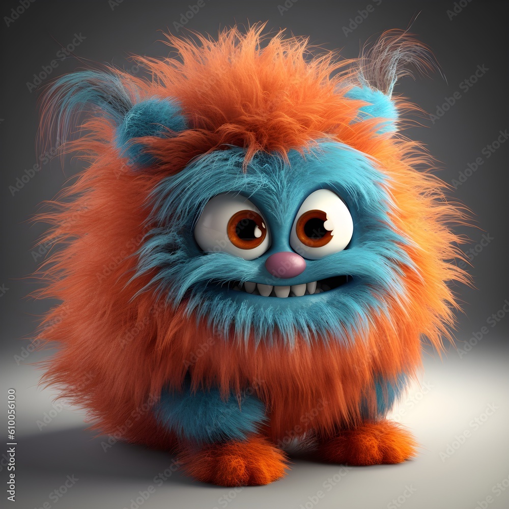 Cute smiling monster, fluffy hair, cartoon styl, kids toy 