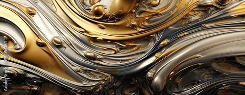 A mesmerizing blend of liquid metals, with molten gold and silver swirling together in intricate patterns and reflecting light in captivating ways. Abstract background, wallpaper. Generative AI. 