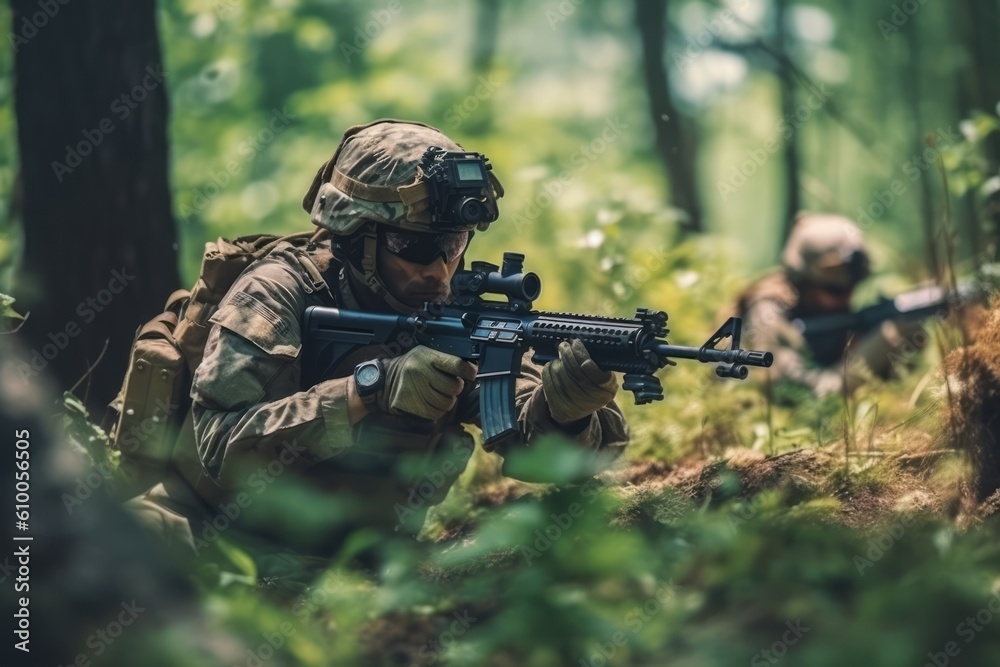 Capturing soldiers taking cover and returning fire during an intense combat situation, representing the danger and adrenaline of the battlefield. Generative Ai