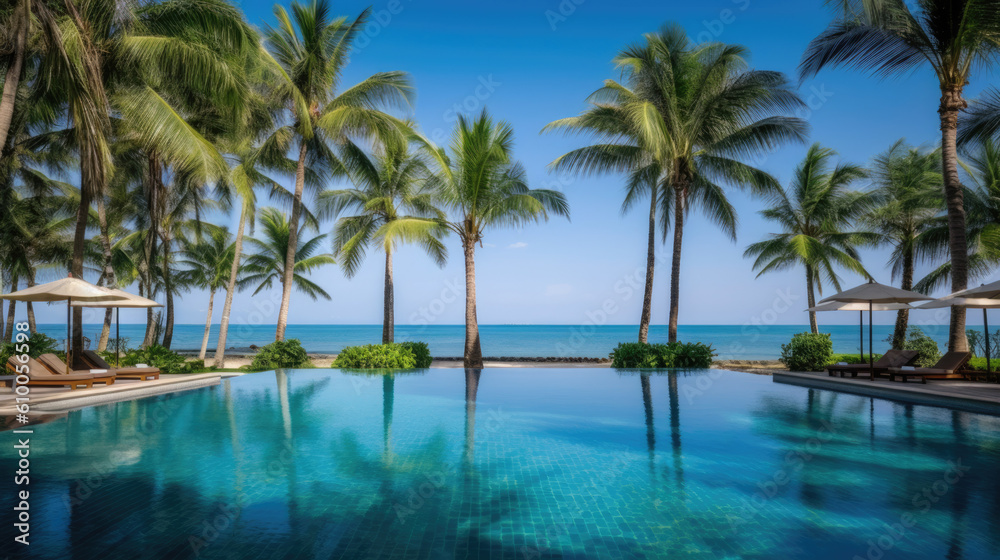 pool and coconut palm tree created with Generative AI technology pool and coconut palm tree created with Generative AI technology