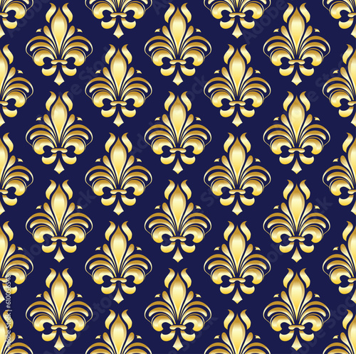 Seamless pattern with gold patterns on dark background. Vector illustration. 