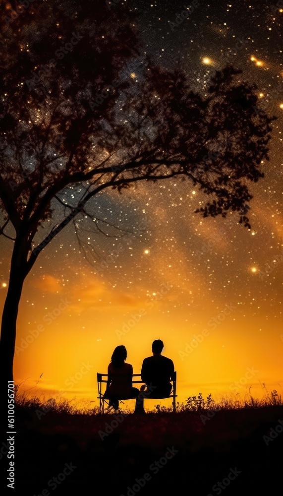 silhouette of a couple on a bench generative ai