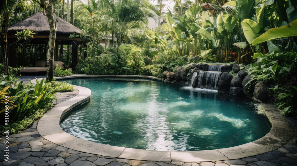 pool in tropical garden created with Generative AI technology