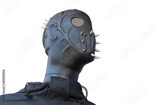 Modern mannequin or alien in black windbreaker jacket isolated on white background. A face with spikes, patterns and round mirror eyes.