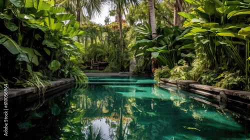 pool in tropical garden created with Generative AI technology
