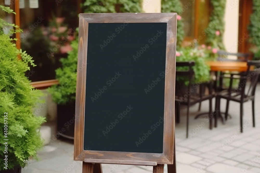 Black chalkboard outside of restaurant, display for menu and food advertisement, mock up