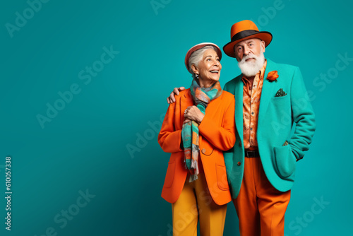 portrait of an cool and happy senior couple with hat, crazy lifestyle concept, fictional persons created with generative ai