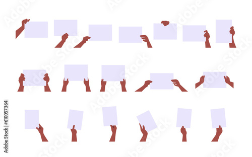 Set of hands black skin holding blank paper sheet cartoon flat vector illustration