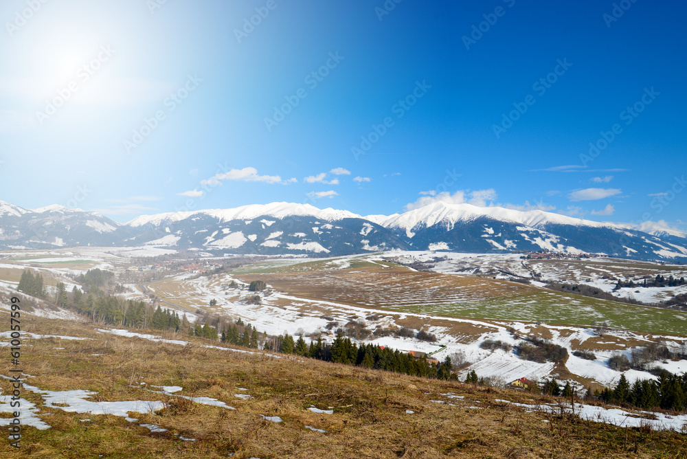 View from Nicovo to West tatras near Liptovsky Mikulas in the winter and Krivan. Slovakia, Liptov region.