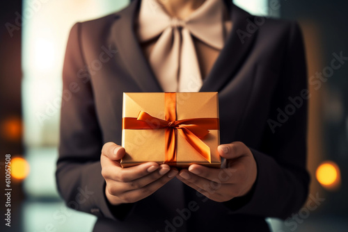 Business woman giving a gift package, present with ribbon for birthday or other event.