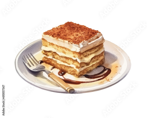 Piece of tiramisu cake dessert on a plate, watercolor isolated on white or transparent background. Generative AI