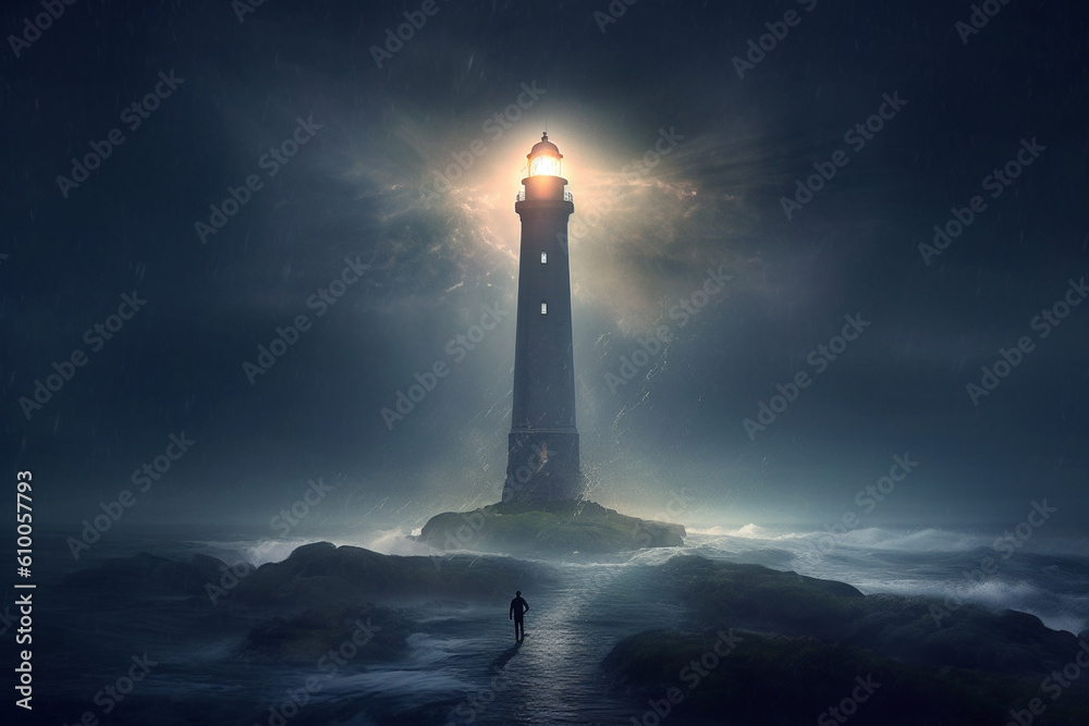 Lighthouse shining next to ocean