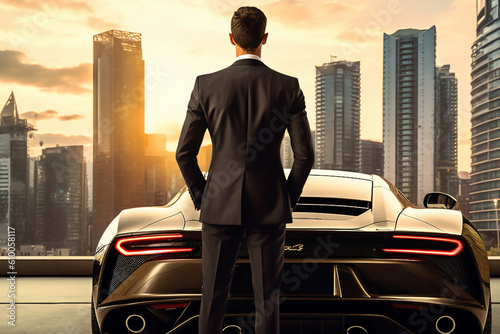 Rich business man wearing a suit standing next to supercar with city skyline background