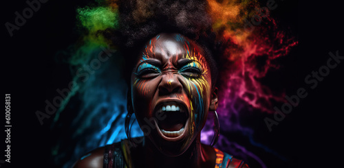 Black beautiful african girl with colorful face painting makeup and colored hair screaming or singing, front view, copy space on dark background, generative ai