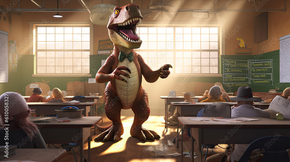 professo T-Rex in classroom created with Generative AI technology