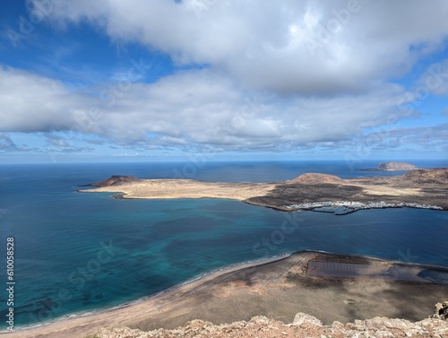 Serene Beach Horizon with Tranquil Waters and Scenic Island in the Distance