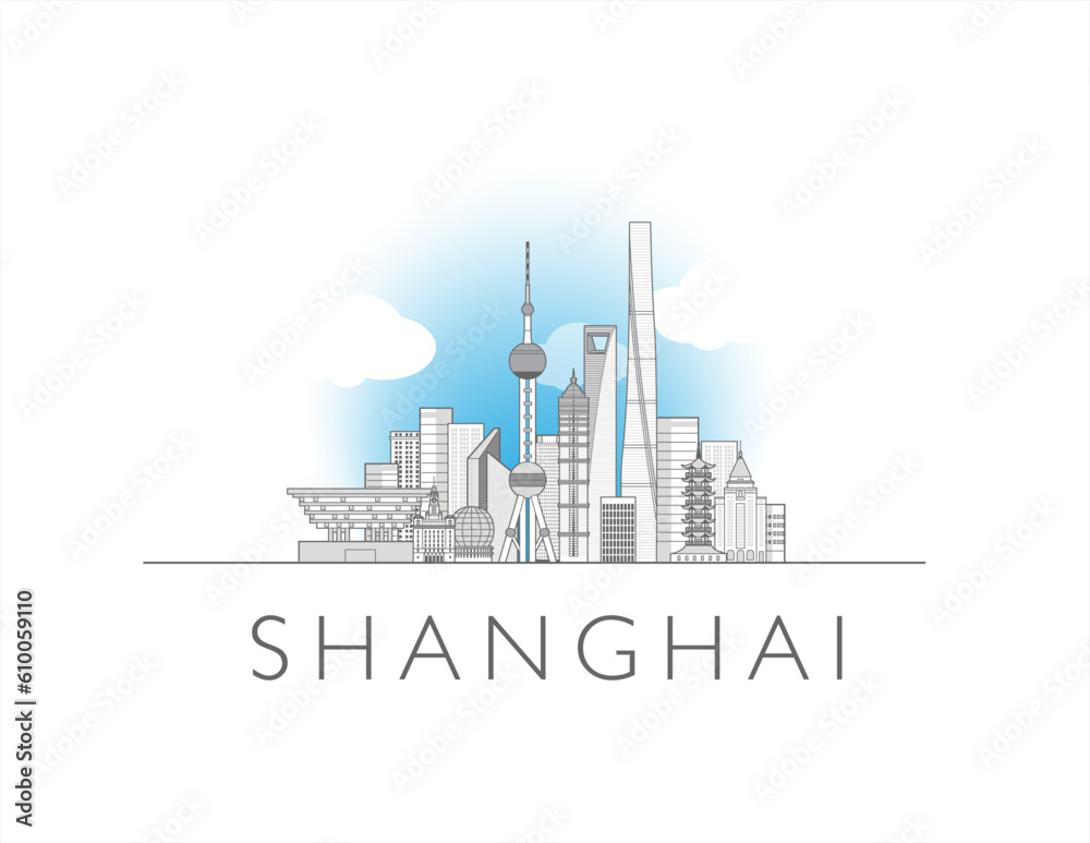 Shanghai China cityscape line art style vector illustration