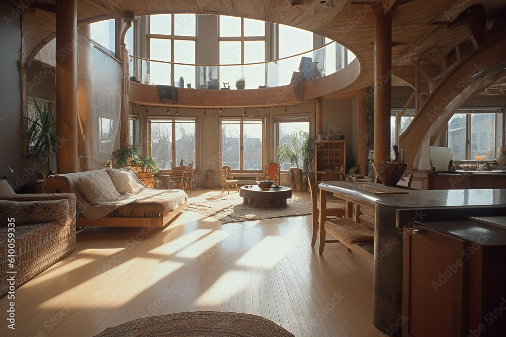 Organic Loft Design. RUSTIC style. Centered perspective. Interior Design