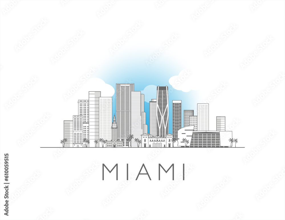 Miami Florida cityscape line art style vector illustration