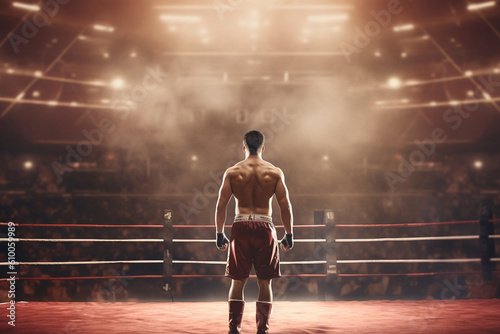 Boxer or MMA figher standing inside boxing ring in stadium, ready to fight and compete photo
