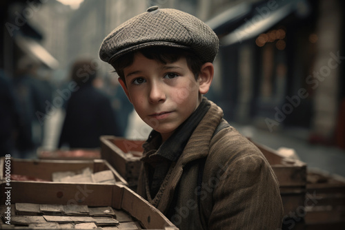 Orphan boy selling matchstick in Berlin in 1920 (Generative AI) photo
