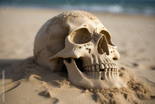 skull made from sand on the beach created with Generative AI technology © Poprock3d