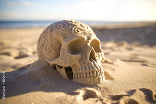 skull made from sand on the beach created with Generative AI technology