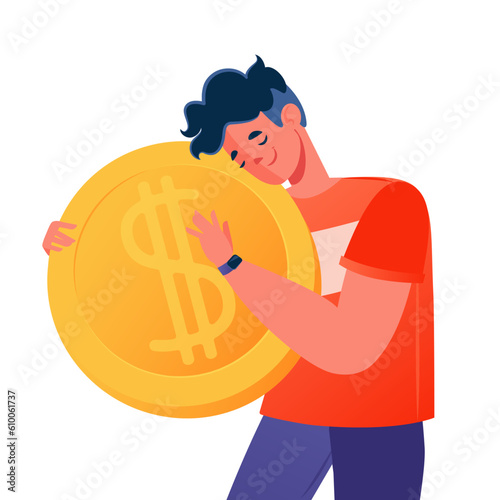 Happy, smiling young man flat cartoon character is hugging gold coin with dollar symbol. Business and finance theme. Concept of career, earning profits, growth, increasing, profitable investment.