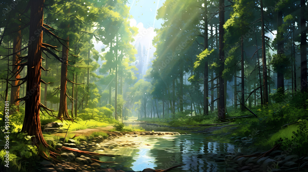the enchanting beauty of a dense forest with tall, majestic trees, dappled sunlight filtering through the lush foliage, and a sense of tranquility and serenity