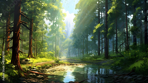 the enchanting beauty of a dense forest with tall  majestic trees  dappled sunlight filtering through the lush foliage  and a sense of tranquility and serenity