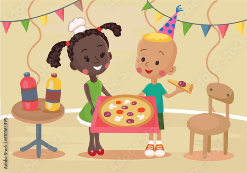 Vector illustration with multicultural children girl and boy having fun celebrating a pizza party in a decorated room with soda drinks