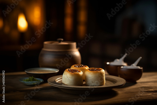 Mantou or chinese steamed bun served in a wooden table 