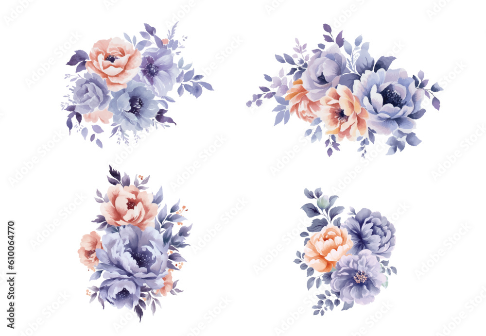 Set of floral branch. Flower pink and lilac flowers, green and blue leaves. Wedding concept with flowers. Floral poster, invite. Vector arrangements for greeting card or invitation design Set of floral branch. Flower pink and lilac flowers, green and blue leaves. Wedding concept with flowers. Floral poster, invite. Vector arrangements for greeting card or invitation design