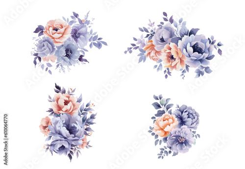 Set of floral branch. Flower pink and lilac flowers  green and blue leaves. Wedding concept with flowers. Floral poster  invite. Vector arrangements for greeting card or invitation design