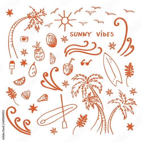 Sunny vibes set with palms, waves, sun, surf, tropical fruits, seagulls, holiday mood. Hand drawn doodle on isolated background. Design element  for print, polygraph, card,  poster, template