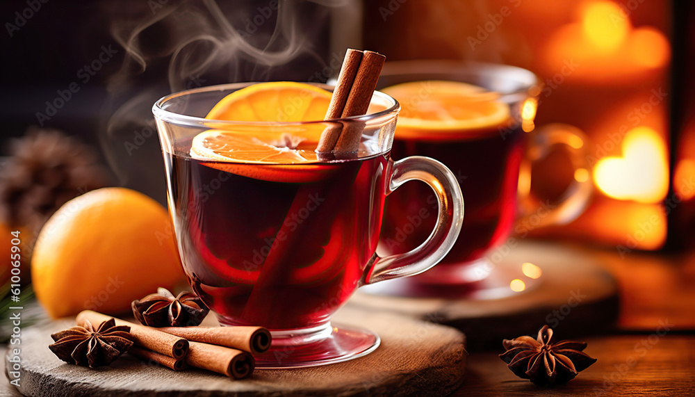 Mulled Wine Drink served warm for the winter with spices: cloves, cinnamon, and orange. Generative IA Mulled Wine Drink served warm for the winter with spices: cloves, cinnamon, and orange. Generative IA